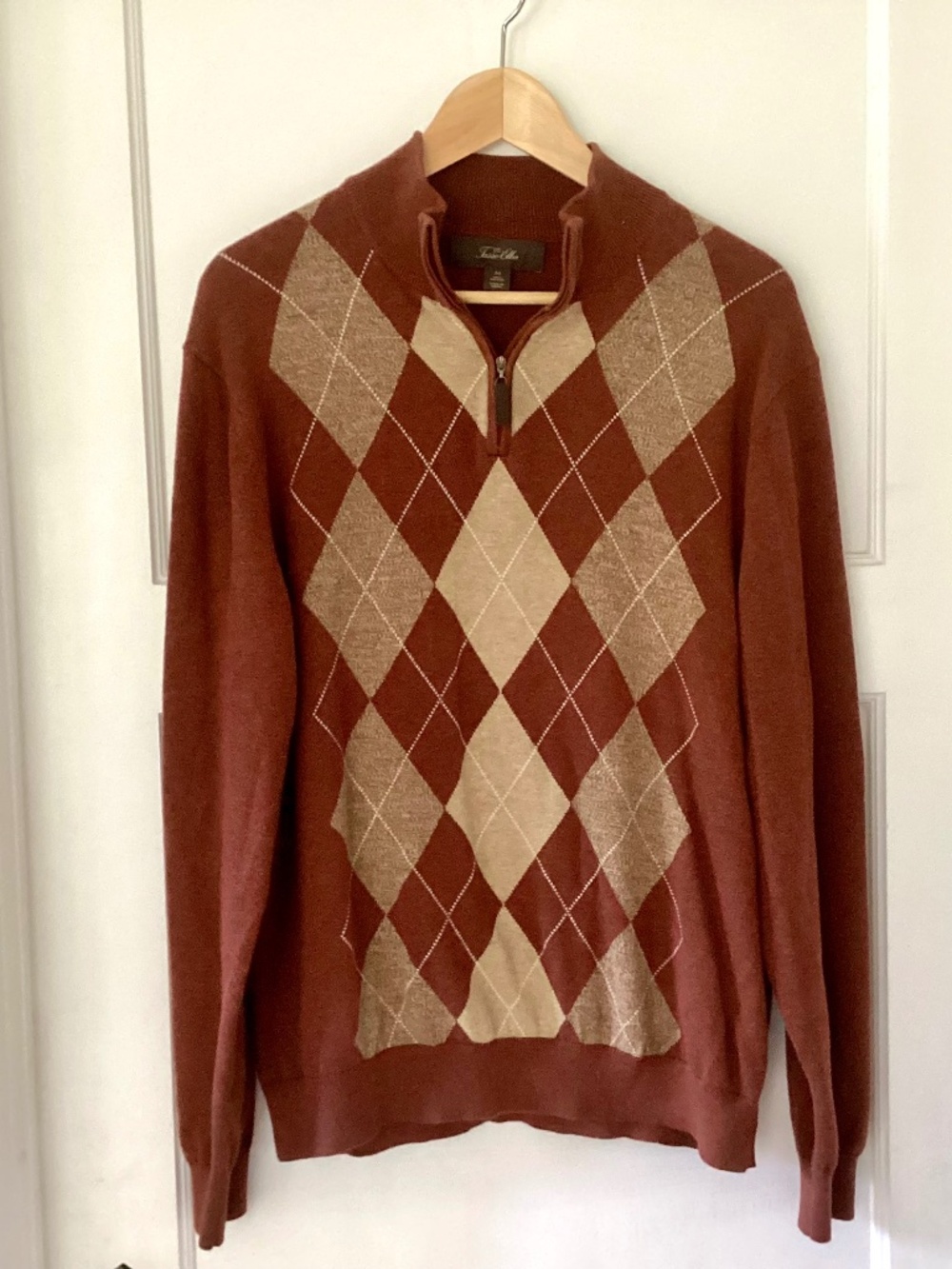 Tasso Elba Mock Turtleneck 1/4 Zip Pullover Sienna Brown Argyle 100% Cotton Sz M